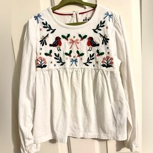 Mini Boden White Long Sleeve Tunic Tee with Embroidered Birds and Bows